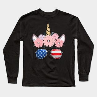 4th of July Patriotic Unicorn American Flag Girls Long Sleeve T-Shirt